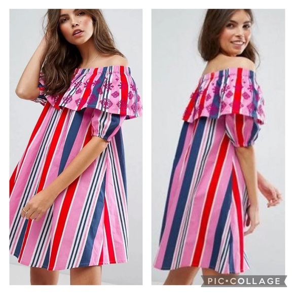 EUC ASOS Pink Multi Striped Off Shoulder Eyelet Dress - Picture 1 of 11